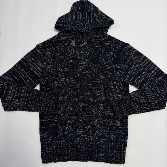 Projek Raw Sweater Mens Large Black Gray Hooded Toggle Cable Knit Pullover Warm - Picture 1 of 11
